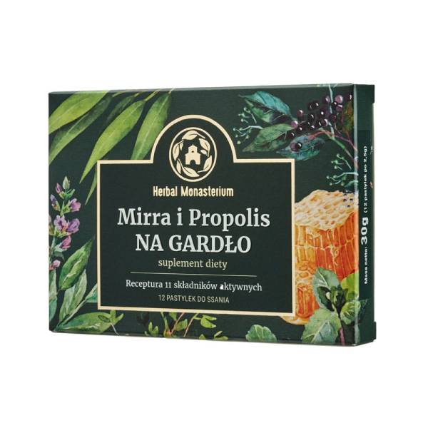 Mirra, propolis, na gardło, pastylki,  Herbal Monasterium, suplement diety